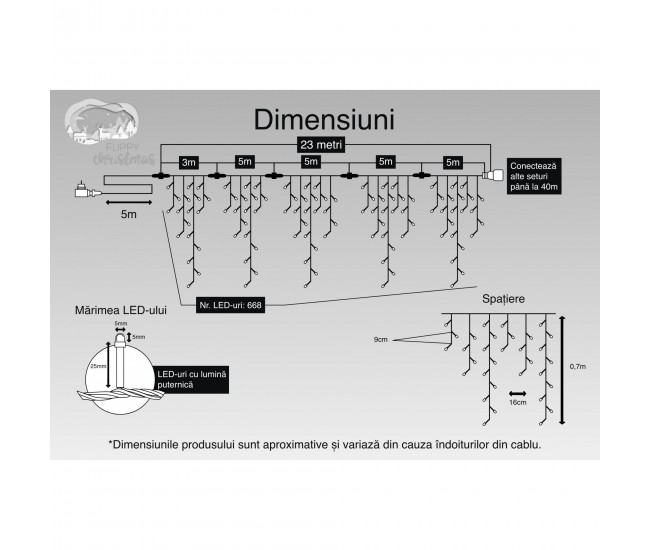 Instalatie Craciun, 23 m, 668 Led-uri ,Franjuri, Alb cald, Flash, Transformator, Interconectabila, Prelungitor 5 m inclus, Fir Negru, Flippy