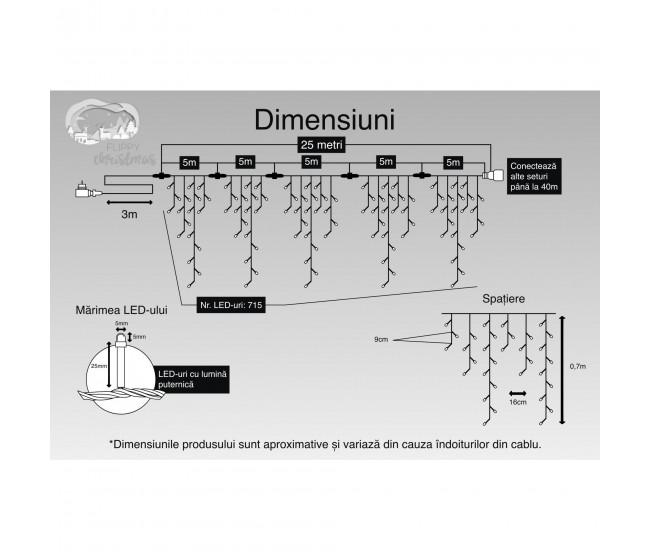 Instalatie Craciun, 25 m, 715 Led-uri ,Franjuri, Albastru, Flash, Transformator, Interconectabila, Prelungitor 3 m inclus, Fir Negru, Flippy