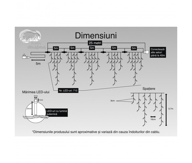 Instalatie Craciun, 25 m, 715 Led-uri ,Franjuri, Albastru, Flash, Transformator, Interconectabila, Prelungitor 5 m inclus, Fir Negru, Flippy