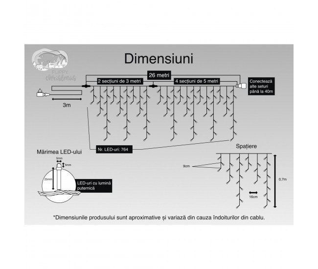 Instalatie Craciun, 26 m, 764 Led-uri ,Franjuri, Alb cald, Flash, Transformator, Interconectabila, Prelungitor 3 m inclus, Fir Negru, Flippy