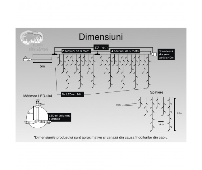 Instalatie Craciun, 26 m, 764 Led-uri ,Franjuri, Alb rece, Flash, Transformator, Interconectabila, Prelungitor 5 m inclus, Fir Negru, Flippy