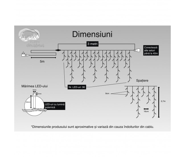 Instalatie Craciun, 3 m, 96 Led-uri ,Franjuri, Alb cald, 8 jocuri de lumini, Transformator cu telecomanda, Interconectabila, Prelungitor 5 m inclus, Fir Negru, Flippy