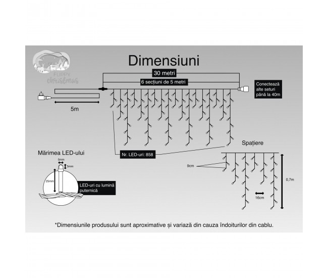 Instalatie Craciun, 30 m, 858 Led-uri ,Franjuri, Alb cald, Flash, Transformator, Interconectabila, Prelungitor 5 m inclus, Fir Alb, Flippy