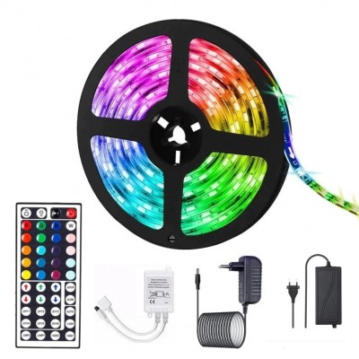 Kit Banda Led RGB SMD 5050 cu Transformator inclus Flippy - Lungime 5 M, 270 LED-uri, Telecomanda 44 taste, pentru TV, PC, Auto, IP65, Lumina Ambientala