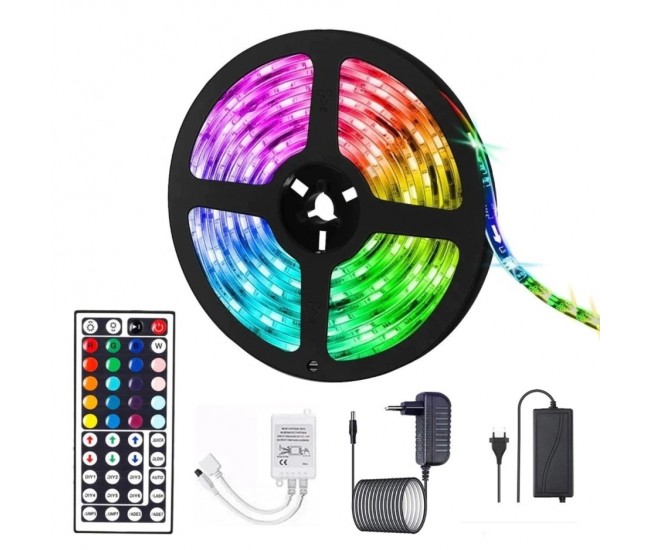 Kit Banda Led RGB SMD 5050 cu Transformator inclus Flippy - Lungime 5 M, 270 LED-uri, Telecomanda 44 taste, pentru TV, PC, Auto, IP65, Lumina Ambientala