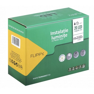 Instalatie Craciun, 5 metri, 20 de LED-uri cu ornament tip Bulb, 8 jocuri de lumini alb cald, cu energie solara, liniar, cablu verde, interior/exterior, Flippy