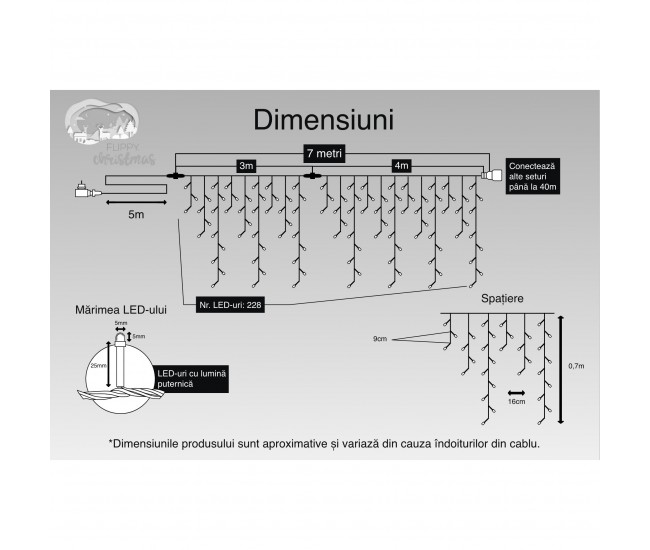 Instalatie Craciun, 7 m, 228 Led-uri ,Franjuri, Alb cald, Flash, Transformator, Interconectabila, Prelungitor 5 m inclus, Fir Transparent, Flippy