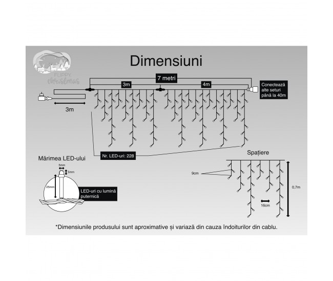 Instalatie Craciun, 7 m, 228 Led-uri ,Franjuri, Alb rece, Flash, Transformator, Interconectabila, Prelungitor 3 m inclus, Fir Negru, Flippy