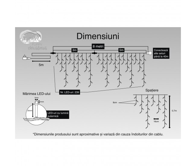 Instalatie Craciun, 8 m, 239 Led-uri ,Franjuri, Alb rece, Flash, Transformator, Interconectabila, Prelungitor 5 m inclus, Fir Negru, Flippy