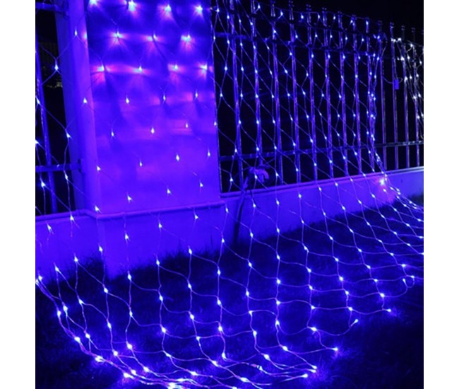 Instalatie Craciun, Tip Plasa, 1.5 m x 1.5 m, 120 LED-uri, Albastru, 8 jocuri de lumini, Transformator cu telecomanda, Interconectabila, Prelungitor 3 m inclus, Fir transparent, Flippy