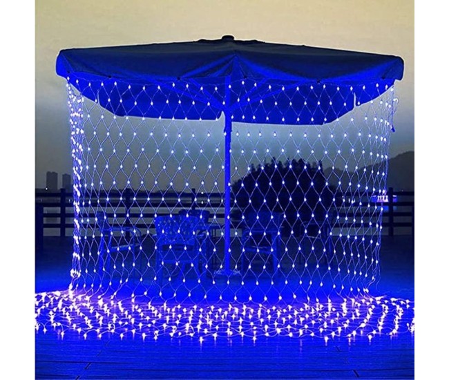 Instalatie Craciun, Tip Plasa, 1.5 m x 1.5 m, 120 LED-uri, Albastru, 8 jocuri de lumini, Transformator, Interconectabila, Prelungitor 5 m inclus, Fir transparent, Flippy