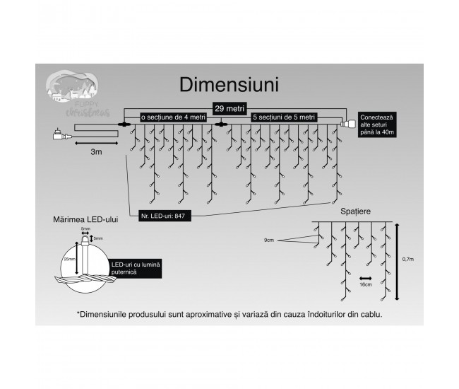 Instalatie Craciun Turturi, IP44, 29 m, 847 Led-uri ,Perdea Franjurata, Alb rece, 8 jocuri de lumini, Transformator 31 V, Putere 9 W, Interconectabila, Interior/Exterior, Prelungitor 3 m inclus, Fir Transparent, Flippy