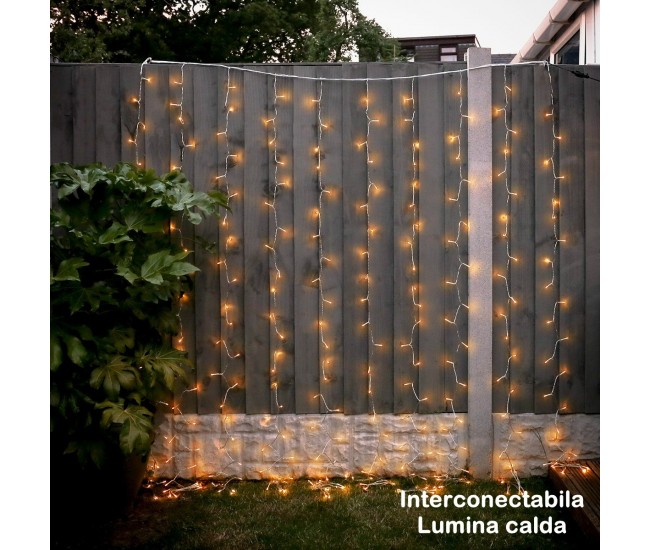 Instalatie Craciun Yoto, Tip Perdea, 3 m x 2 m, 240 LED-uri, Prelungitor 1.5 m, 8 Jocuri de Lumini, Interconectabila, Fir transparent, Interior/Exterior, Alb Cald