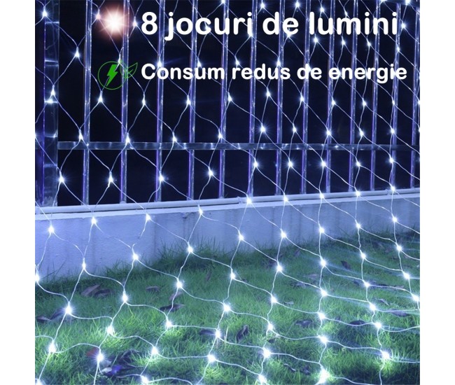 Instalatie Craciun Yoto, Tip Plasa, 1.5 m x 1.5 m, 120 LED-uri, Prelungitor 1.5 m, 8 Jocuri de Lumini, Interconectabila, Fir transparent, Interior/Exterior, Alb Rece