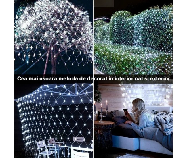 Instalatie Craciun Yoto, Tip Plasa, 1.5 m x 1.5 m, 120 LED-uri, Prelungitor 1.5 m, 8 Jocuri de Lumini, Interconectabila, Fir transparent, Interior/Exterior, Alb Rece