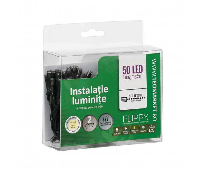 Instalatie de Craciun cu Baterii Tip Liniar, 2 jocuri de lumini, Fir Verde 5 m 50 LED -uri, Alb Cald