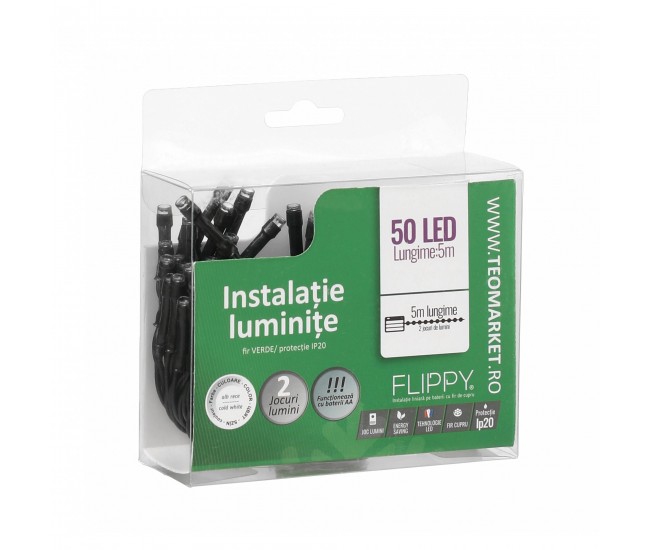 Instalatie de Craciun cu Baterii Tip Liniar, 2 jocuri de lumini, Fir Verde 5 m 50 LED -uri, Alb Rece