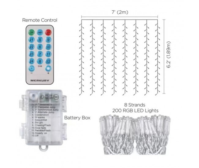 Instalatie Liniara tip Perdea 2 x 2 M, 200 LED-uri cu Baterii, Telecomanda cu 8 Jocuri de Lumini, 12.5, Alb Cald