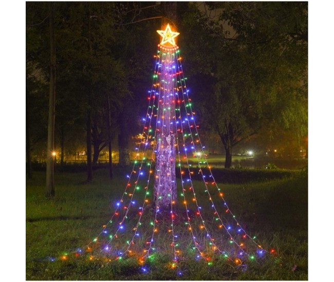 Instalatie luminoasa tip perdea pentru pomul de Craciun, cu stea luminoasa, 350 LED-uri, conectare retea, interior/exterior, lumina multicolora, Tree Dazzler