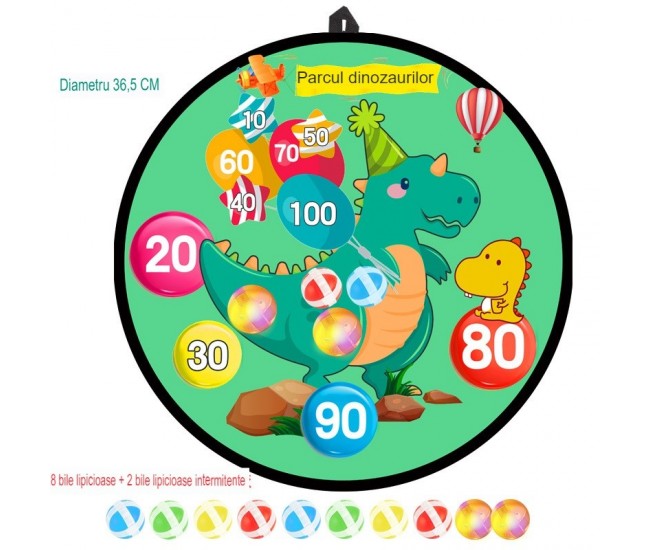 Joc Darts Flippy pentru Copii, Placa Pliabila 36.5 cm, 8 Mingii Velcro/Scai Simple, 2 Mingii Luminoase, Model Dinozaur Park, Verde