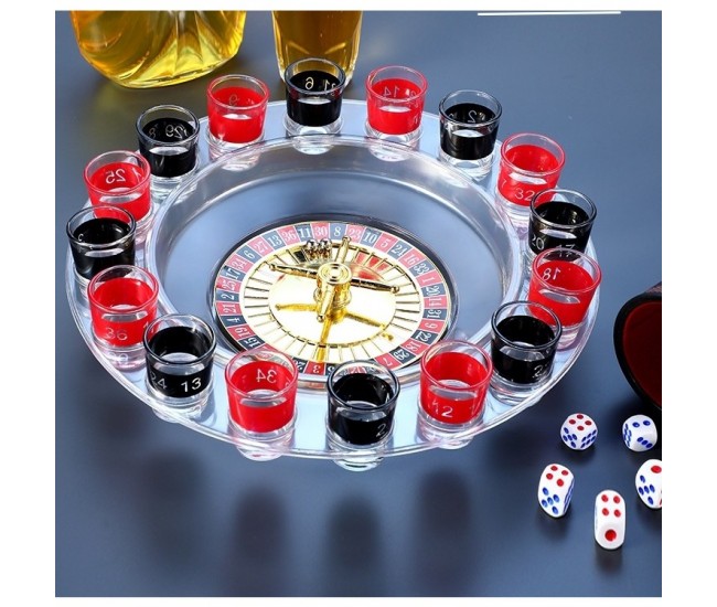 Joc de Baut Ruleta Flippy, cu 16 Pahare de Shot din Sticla , 30 x 30 x 5.5 cm, model 2, Rosu/Negru