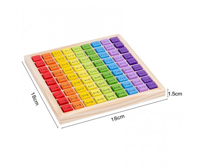 Joc Montessori din Lemn, Flippy, Tabla Inmultirii, Blocuri, Tabel de Multiplicare pana la 9x9, Multicolor, 18x18x1.5 cm