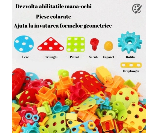 Jucarie Educativa Si Interactiva, Flippy, Set De Constructie Puzzle Din ABS Cu Bormasina Pentru Dezvoltatea Creativitatii Si A Indemanarii 2D si 3D, Valiza, +3, 31x7x25 cm, 336 Piese