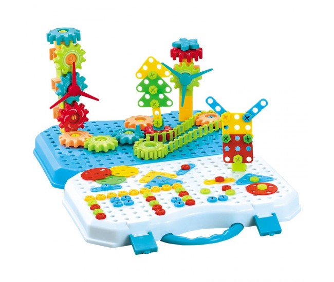 Jucarie Educativa Si Interactiva, Flippy, Set De Constructie Puzzle Din ABS Cu Bormasina Pentru Dezvoltatea Creativitatii Si A Indemanarii 2D si 3D, Valiza, +3, 31x7x25 cm, 336 Piese