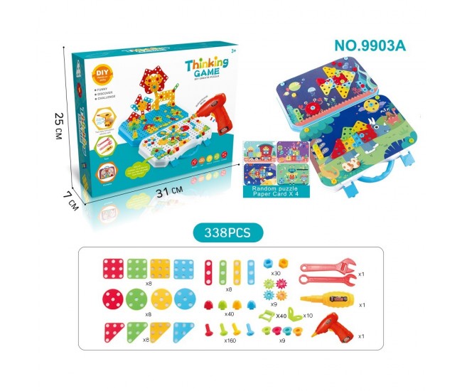 Jucarie Educativa Si Interactiva, Flippy, Set De Constructie Puzzle Din ABS Cu Bormasina Pentru Dezvoltatea Creativitatii Si A Indemanarii 2D si 3D, Valiza, +3, 31x7x25 cm, 338 Piese