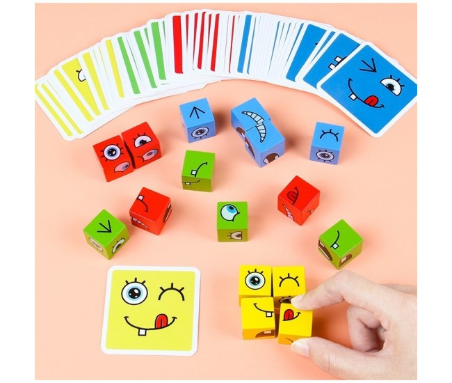 Jucarie Pentru Copii Montessori Flippy, Cub din Lemn, Asamblare Fete, 64 de Carti Distractive, pentru Baieti si Fete, Varsta +3 ani, Educativ, Ambalaj din plastic, 12 x 12 x 3 cm, multicolor