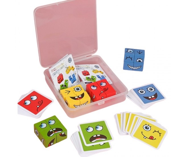 Jucarie Pentru Copii Montessori Flippy, Cub din Lemn, Asamblare Fete, 64 de Carti Distractive, pentru Baieti si Fete, Varsta +3 ani, Educativ, Ambalaj din plastic, 12 x 12 x 3 cm, multicolor