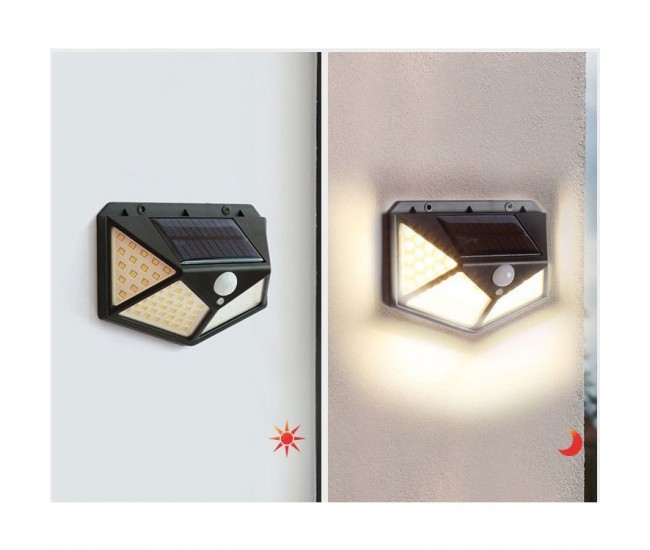 Lampa cu incarcare solara pentru exterior, 100 LED cu distanta de inductie, montaj pe perete, fara cabluri, cu 4 fete, Flippy