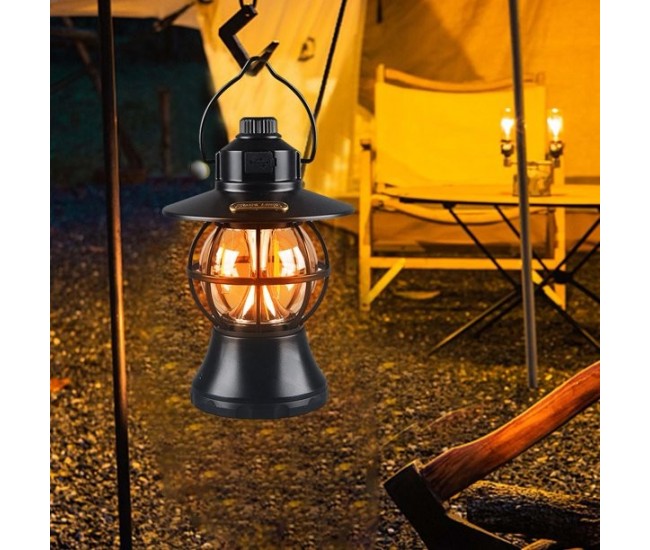 Lampă de camping retro portabilă, Felinar Vintage LED ABS, Acumulator inclus 1200 mAh, reincarcabila, 20 cm inaltime, 3 moduri de iluminare, intensitate reglabila,Lampa portabila pentru cort în aer liber, Negru