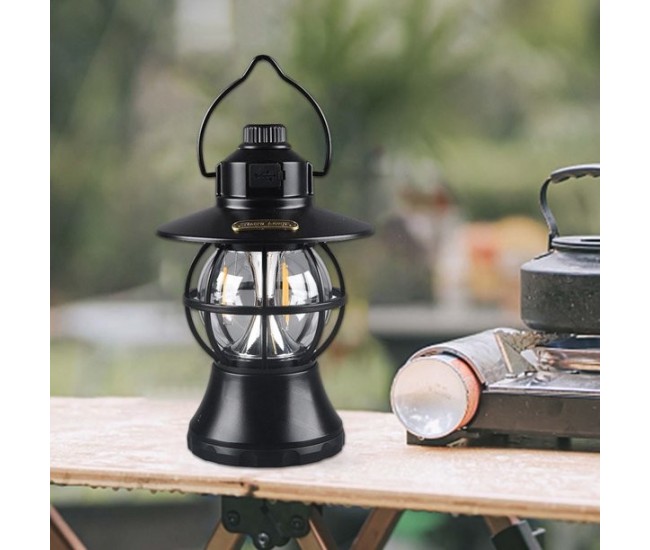 Lampă de camping retro portabilă, Felinar Vintage LED ABS, Acumulator inclus 1200 mAh, reincarcabila, 20 cm inaltime, 3 moduri de iluminare, intensitate reglabila,Lampa portabila pentru cort în aer liber, Negru