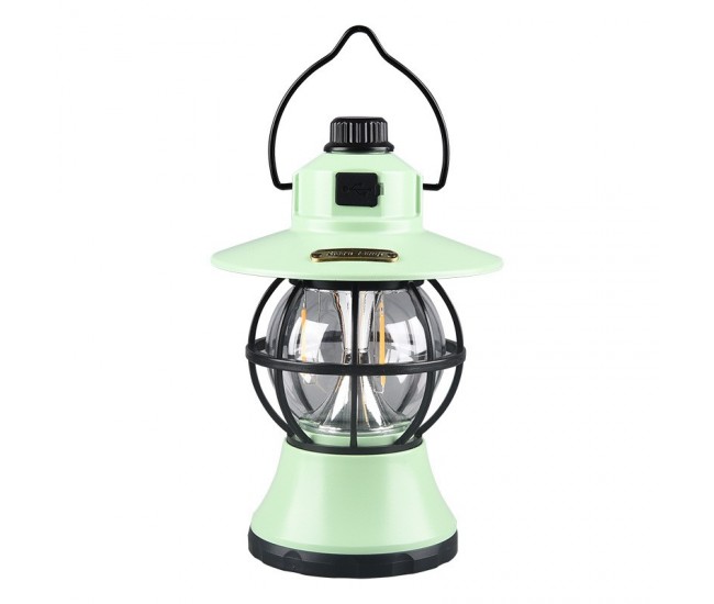 Lampă de camping retro portabilă, Felinar Vintage LED ABS,  Acumulator inclus 1200 mAh, reincarcabila, 3 moduri de iluminare, intensitate reglabila,Lampa portabila pentru cort în aer liber,  Mint