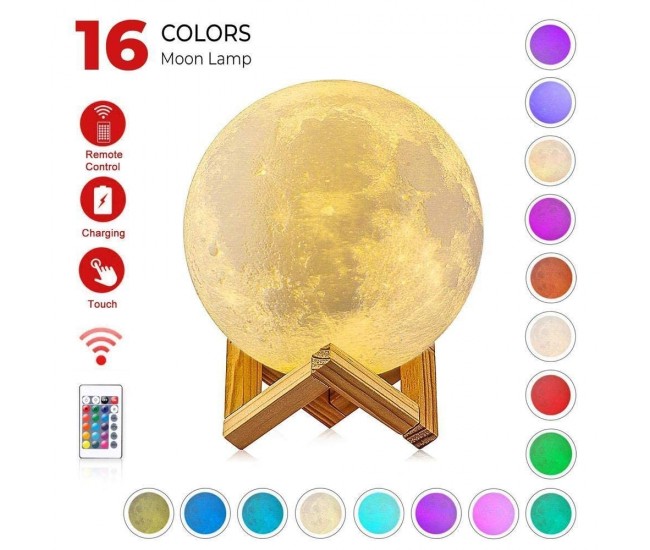 Lampa de veghe in forma de luna cu stele 3D Moon Light, Acumulator integrat, alimentare USB, stand din plastic inclus, 13 cm, 16 culori, Telecomanda inclusa, Flippy