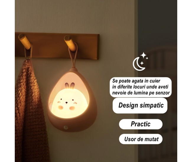 Lampa de veghe portabila cu 2 moduri de functionare Flippy, silicon non-toxic, reincarcabila USB, senzor miscare, roz, iepuras