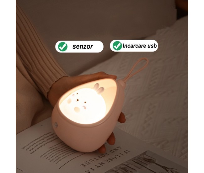 Lampa de veghe portabila cu 2 moduri de functionare Flippy, silicon non-toxic, reincarcabila USB, senzor miscare, roz, iepuras