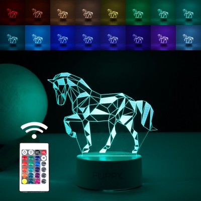 Lampa LED decorativa, Flippy, 3D, Cal, cu telecomanda, doua moduri de alimentare USB si baterii, 20 cm inaltime, din material acril si lumina multicolora, alb