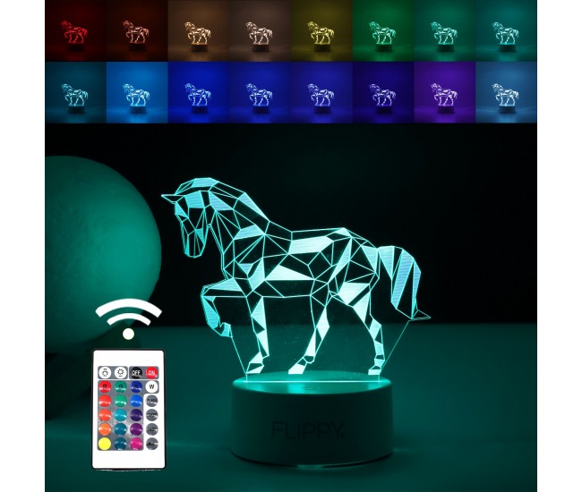 Lampa LED decorativa, Flippy, 3D, Cal, cu telecomanda, doua moduri de alimentare USB si baterii, 20 cm inaltime, din material acril si lumina multicolora, alb