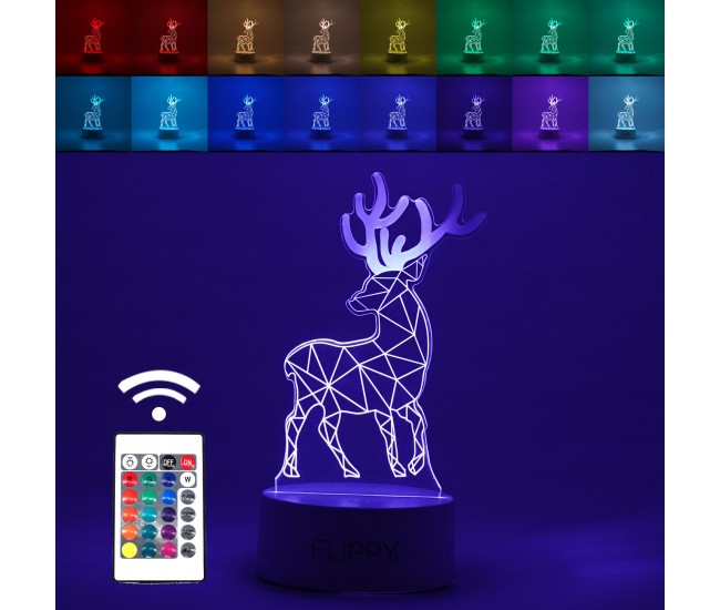 Lampa LED decorativa, Flippy, 3D, Cerb, cu telecomanda, doua moduri de alimentare USB si baterii, 20 cm inaltime, din material acril si lumina multicolora, alb