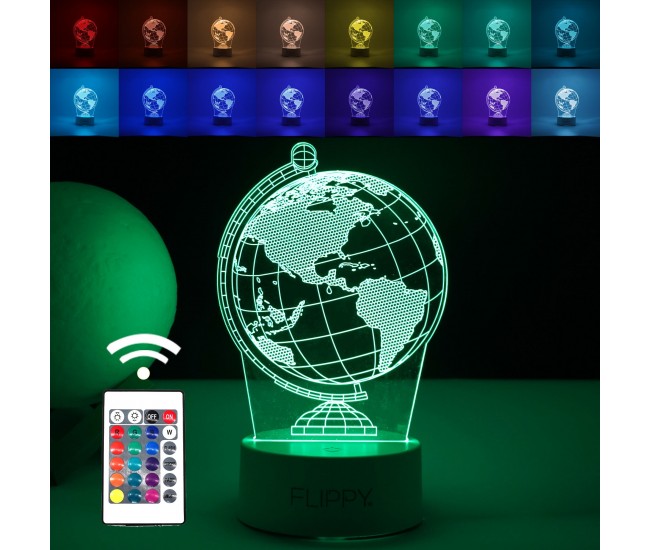 Lampa LED decorativa, Flippy, 3D, Globul Pamantesc, doua moduri de alimentare USB si baterii, 20 cm inaltime, din material acril si lumina multicolora, alb