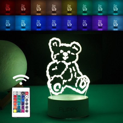 Lampa LED decorativa, Flippy, 3D, Ursulet, cu telecomanda, doua moduri de alimentare USB si baterii, 20 cm inaltime, din material acril si lumina multicolora, alb