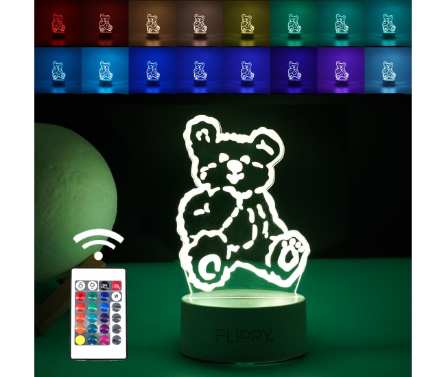 Lampa LED decorativa, Flippy, 3D, Ursulet, cu telecomanda, doua moduri de alimentare USB si baterii, 20 cm inaltime, din material acril si lumina multicolora, alb