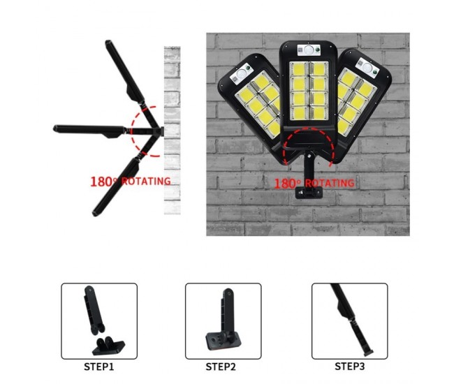 Lampa Solara De Exterior LED Flippy, 36 cm x 11.5 cm, kit montare inclus, 2880 Lumeni 120 COB LED 24 W - echivalent 192 W bec incadescent, IP65, Senzor de Miscare, 3 moduri de iluminare, Senzor de Lumina, 12 Grile, Alb Rece