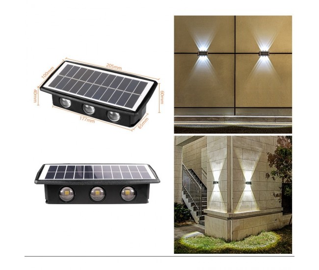 Lampa solara LED bidirectionala dreptunghiulara pentru perete Flippy, 20.5x10 cm, 6 LED-uri, 5.5V, ABS, 500mAh, rezistent la apa IP65, alb rece