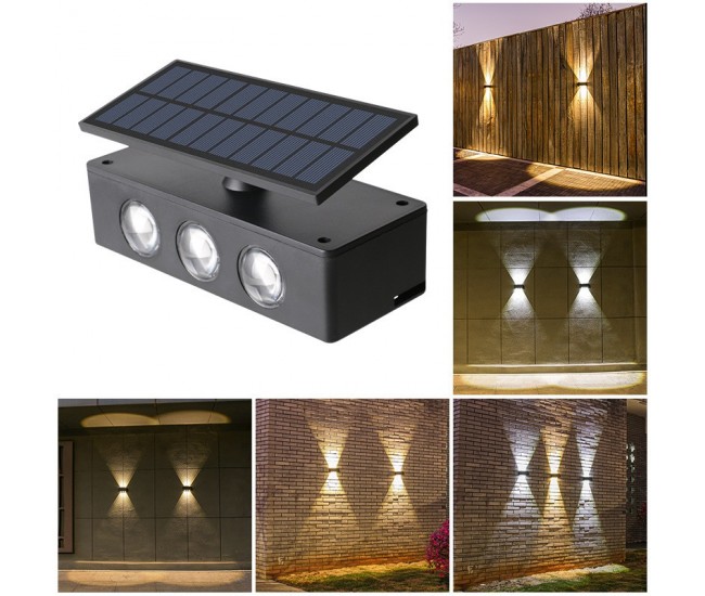 Lampa solara LED bidirectionala Flippy, cu panou ajustabil, comutator culoare lumina, pentru perete, scari, gradina, terasa, 16 x 6.5 cm, 6 LED-uri, material ABS, baterie 3.7 V, 1200mah, multicolor