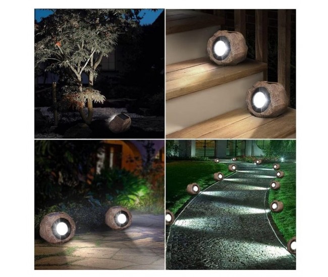 Lampa solara LED decorativa pentru gradina Flippy, imitatie piatra, lumina puternica 4 LED-uri, 12 x 15 cm, material ABS, baterie Ni-MH, 600 mAh, panou solar 2V, lumina alb rece, gri