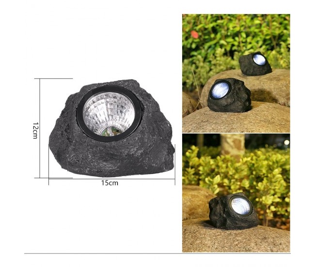 Lampa solara LED decorativa pentru gradina Flippy, imitatie piatra, lumina puternica 4 LED-uri, 12 x 15 cm, material ABS, baterie Ni-MH, 600 mAh, panou solar 2V, lumina alb rece, gri