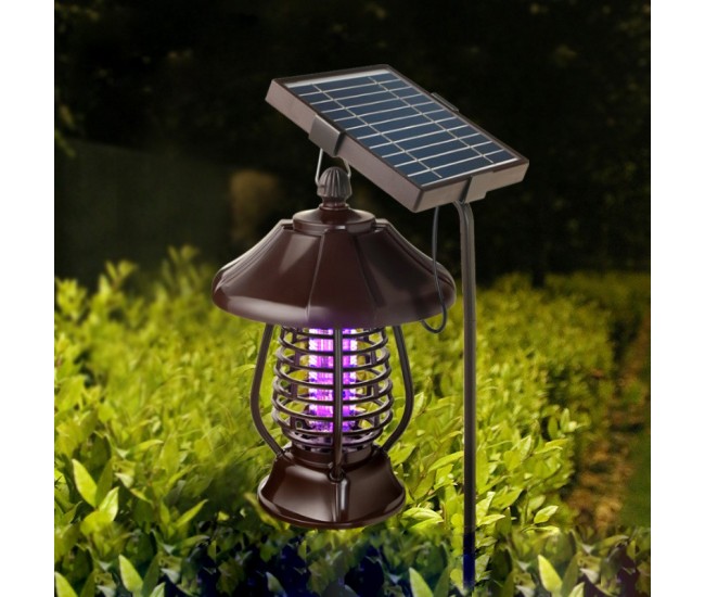 Lampa solara pentru gradina, anti-insecte, tantari, muste, UV, LED, material ABS, putere 5W, 1.2 V, autonomie 8 ore, 2 moduri de functionare, IP65, electric shock 380 volti, 30 x 19.5 cm, maro